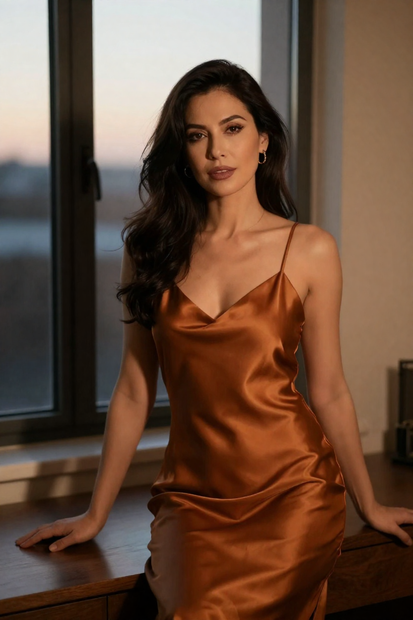 Photorealistic boudoir portrait of a fictional 28-year-old woman with long dark brunette hair, mature elegant features,